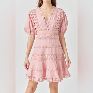 Endless Rose Plunging Lace Trim Puff Sleeve Dress
